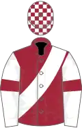 Maroon, white sash, white sleeves, maroon armlets, checked cap
