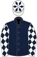 Dark blue, white sleeves, dark blue diamonds and cap