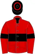 Red, black hoop on body and sleeves, black cap, red hoop
