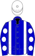 Blue, white braces, spots on sleeves, white cap