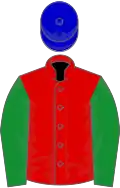 Red, green sleeves, blue cap