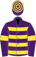 Purple, yellow hoops and armlets, hooped cap
