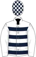 White, dark blue hoops, white sleeves, check cap