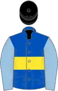 Royal blue, yellow hoop, light blue sleeves, black cap