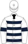 White, dark blue hoops on body, armlets on sleeves