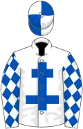 White, royal blue cross of lorraine, diamonds on sleeves, quartered cap
