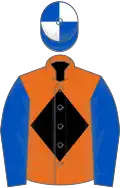 ORANGE, black diamond, royal blue sleeves, royal blue and white quartered cap