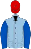LIGHT BLUE, ROYAL BLUE sleeves, RED cap