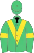 Emerald green, yellow chevron, yellow armlet, emerald green cap
