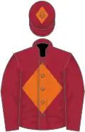 Maroon, orange diamond and diamond on cap