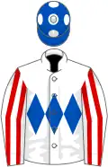 White, royal blue triple diamond, white and red striped sleeves, royal blue cap, white spots