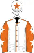 White, orange seams, orange sleeves, white stars, white cap, orange star