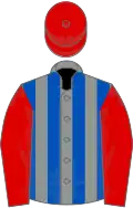 Grey and royal blue stripes, red sleeves and cap