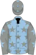 Light blue, grey stars, grey sleeves, light blue stars, grey cap, light blue stars