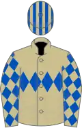 Beige, royal blue triple diamond, diamonds on sleeves, striped cap