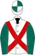 White, red cross belts, dark green sleeves, white and dark green quartered cap