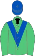Emerald green, royal blue chevron, royal blue cap