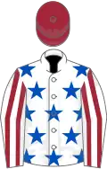 White, Royal Blue stars, White and Maroon striped sleeves, Maroon cap