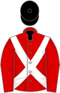 Red, white cross-belts, black cap