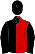 Red and black halved, black sleeves and cap