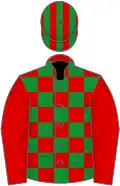 Red and green checked, red sleeves, striped cap