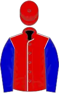Red, white seams, blue sleeves, red cap