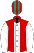 RED, white stripe and sleeves, emerald green and red striped cap