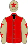Red, beige seams, beige sleeves, red stars, beige cap, red star