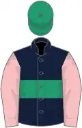 Dark blue, emerald green hoop, pink sleeves, emerald green cap
