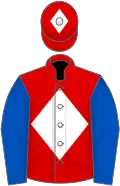 Red, white diamond, royal blue sleeves, red cap, white diamond