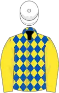 Yellow and Royal Blue diamonds, Yellow sleeves, White cap