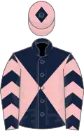 Dark blue and pink diabolo, chevrons on sleeves, pink cap, dark blue diamond