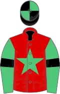 Red, emerald green star,emGreen slvs,black armlet,black and green quartered cap