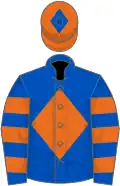 Royal blue, orange diamond, hooped sleeves, orange cap, royal blue diamond