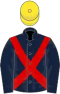 Dark blue, red cross sashes, yellow cap