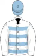 White, light blue hooped, white sleeves, light blue cap