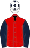 Red, dark blue sleeves, white cap, dark blue spots