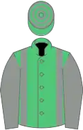 Emerald green, grey braces and sleeves, hooped cap