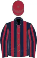Maroon, dark blue striped, maroon sleeves, dark blue striped, maroon cap