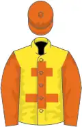 Yellow, orange cross of lorraine, orange arms, orange cap