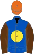 Royal blue, yellow disc, brown sleeves, orange cap