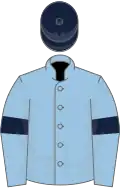 Light blue, dark blue armlets, dark blue cap