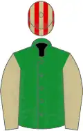Green, beige sleeves, beige and red striped cap