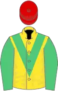 Yellow, emerald green chevron and sleeves, red cap