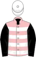 Pink, white hoops, black sleeves, white cap