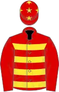 Red and yellow hoops, red sleeves, yellow stars on cap