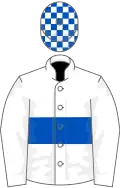 WHITE, royal blue hoop, check cap