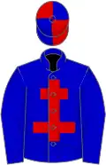 Blue, red cross of lorraine, blue sleeves, red cap, blue quartered