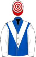 Royal blue, white chevron and sleeves, red and white hooped cap