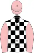Black and white check, pink sleeves and cap